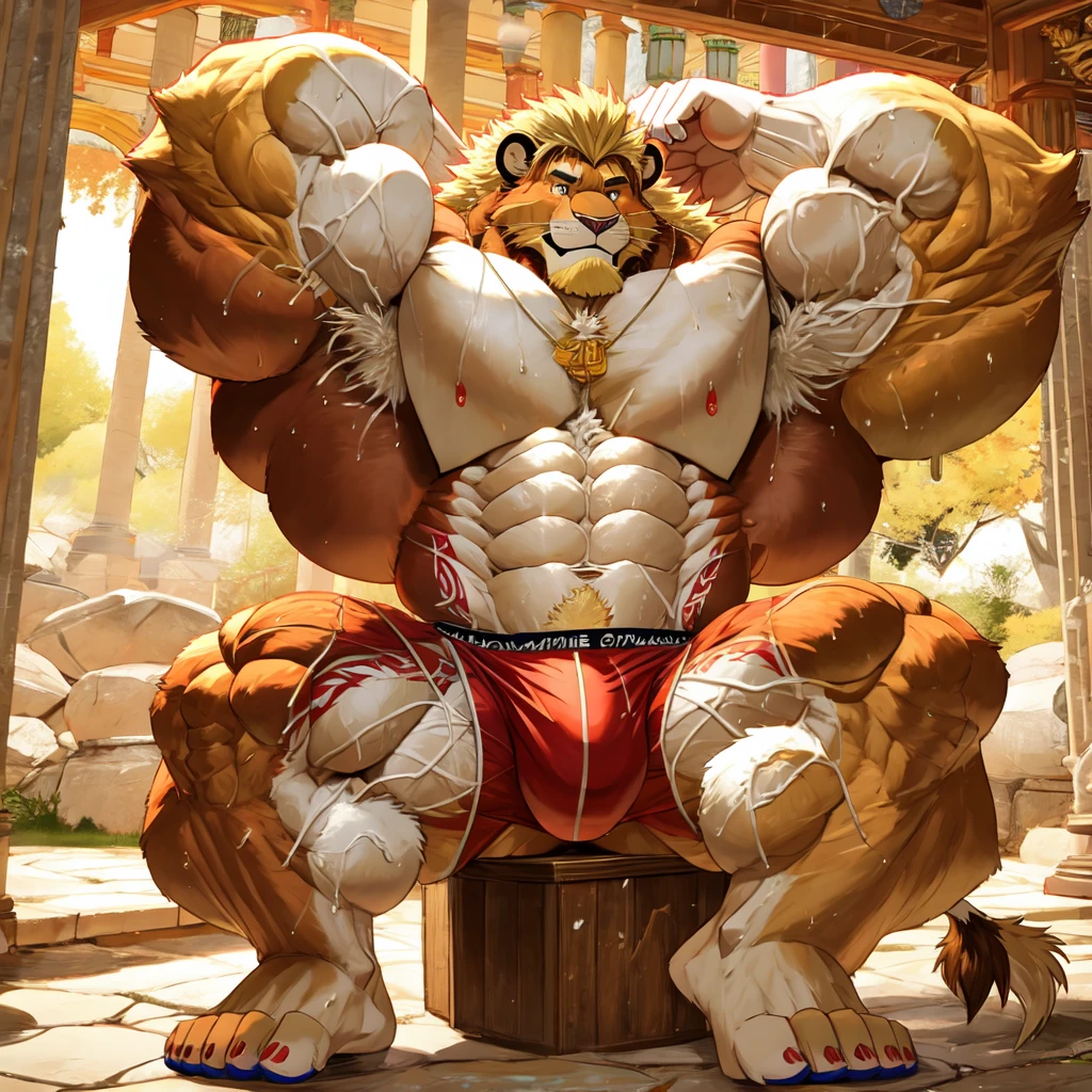 (masterpiece, Best quality:1.2), Lion Teen Boy, Naked, winter, body covered in red fur, Furry style, Muscle flex, sexual, horny, very muscular wild ,full height,very short blond hair,freckles on the body and face,amber eyes,defined muscles,sharp focus, friendly, Naked, tatoo over biceps, semen stains all over body, huge erected penis