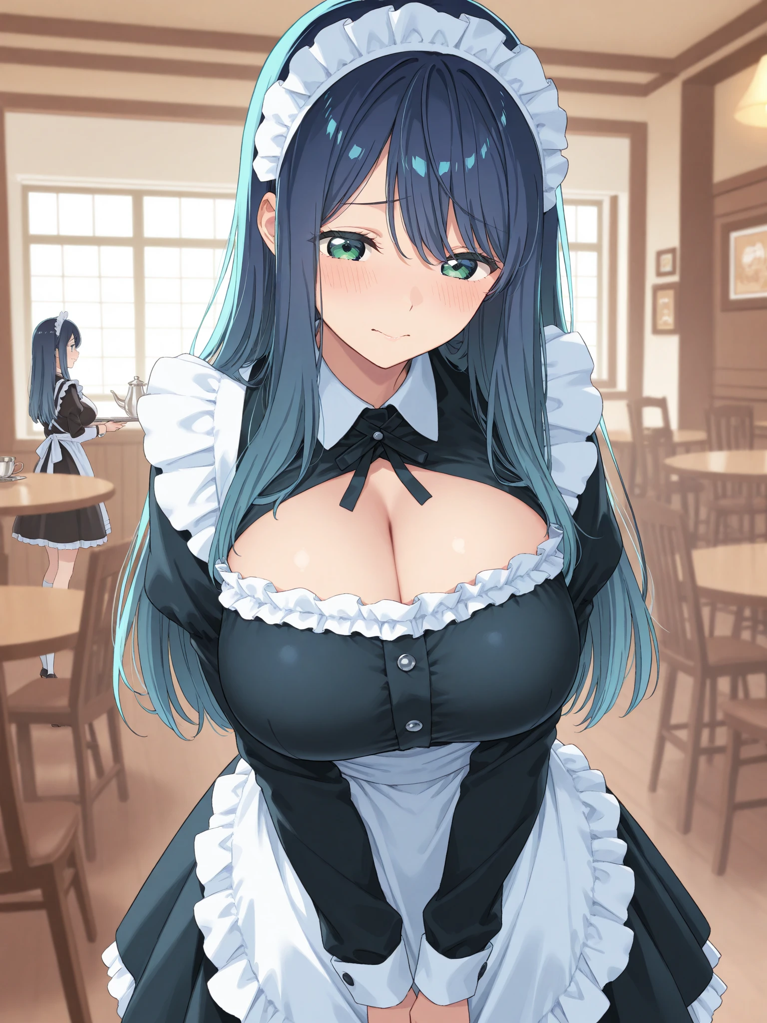 mastute piece,Best Quality,insanely detailed,8k cg,nsfw,
shoot upper body,(body in front:1.1),
1girl,standing,looking at viewer,(waitress,apron),bare breasts,
break,blush,shy,(trembling:1.2),light blue hair,long hair,(large breasts:1.2),(open mouth:0.9),(Coffee shop),