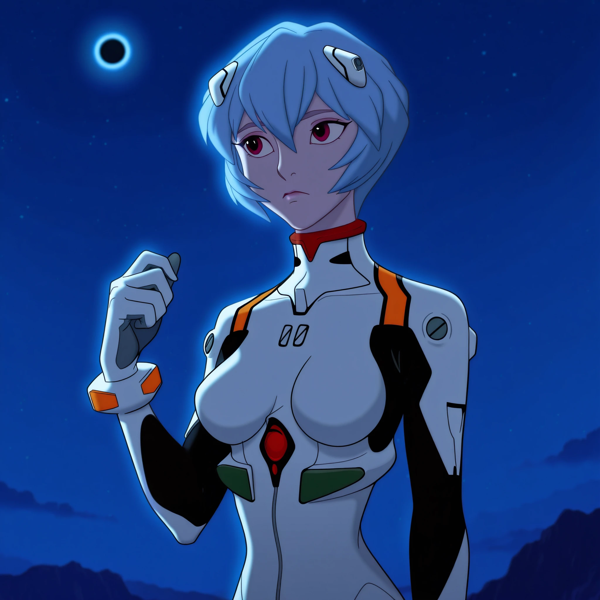 DisneyClassics,disney masterpiece,best quality,<lora:ayanami_reiv2:1>,bracer, science_fiction, official_alternate_hairstyle, night_sky, closed_mouth, gloves, sky, looking_afar, cloud, neon_genesis_evangelion, pale_skin, 1girl, rebuild_of_evangelion, looking_to_the_side, solo, ayanami_rei, lunar_eclipse, night, medium_breasts, expressionless, eclipse, white_bodysuit, breasts_apart, bodysuit, upper_body, backlighting, starry_sky, moonlight, plugsuit, outdoors, hand_up, slit_pupils, official_alternate_hair_length, full_moon, star_(sky), turtleneck, evangelion:_3.0+1.0_thrice_upon_a_time, interface_headset, sidelocks, frown, moon, hair_over_one_eye, breasts, pilot_suit
