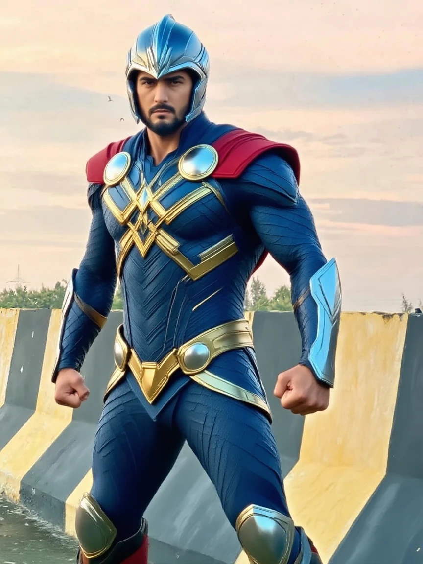 a male superhero wearing red visor, muscular build, blue and yellow costume, in heroic pose, highly detailed face and body, cinematic lighting, dramatic action scene, epic sci-fi landscape, digital art, concept art style, vibrant colors, (best quality,4k,8k,highres,masterpiece:1.2),ultra-detailed,(realistic,photorealistic,photo-realistic:1.37)