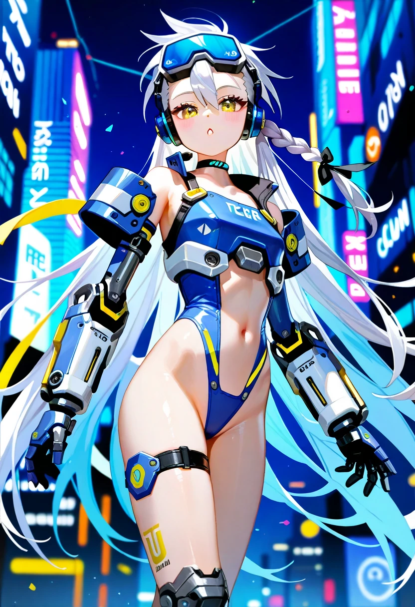 White long-haired girl, blue robotic arm on her right hand, flashing light blue arc, flat breasts exposed, breasts coming out, red sneakers, forked legs, hung by red rope in the laboratory in the air without hanging at all, electric shock best quality, masterpiece, ultra-high resolution, nude photos, --auto --s2
