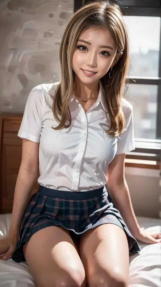 Heavy makeup,((16 years old)),smile,blonde,Japanese,White shirt, Ribbon tie, Pleated skirt, Micro Mini Skirt, loafers, whole body,Beautiful thighs,Sitting,Real schoolgirl:1.3,Honor student,Classroom during lesson,Spread your legs,(Flashy Nails:1.3),(Showing off panties:1.3),Small breasts
