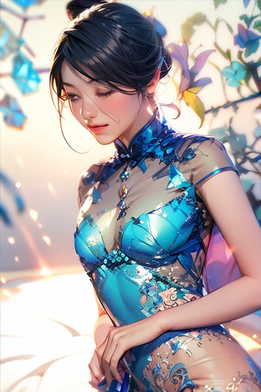 Chinese cheongsam sexy,illustration,High-end fashion,Beautiful and delicate eyes,Beautiful and delicate lips,Long eyelashes,Exquisite makeup,Vibrant colors,posture,Attractive background,Stylized Lighting,editing style,Chinese cultural elements,Exquisite embroidery,Detailed pattern,Modern transformation,Feminine charm,complicated,Futuristic,Chic hairstyle,Beautiful accessories,Tempting,Wearing stylish high heels,Luxurious fabrics,Beautiful movements,Confident expression,Ethereal atmosphere,Colorful composition,Impeccable attention to detail,Modern elegance,Expressive eyes,Dramatic Lighting,Seamless Integration,Artistic talent,Rich texture,Perfect fashion sense,Colored lights,Sentimental atmosphere,A bold fashion statement,Stylish composition