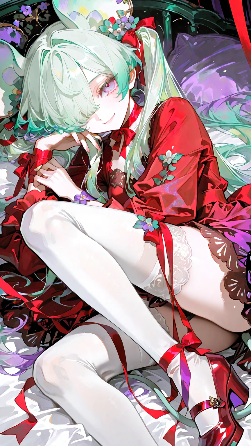 Beautiful young man, Emerald-haired, (Gray eyes)),(short hair:1.2), (Face mask:1.2),((underwear、negligee、lingerie、lace:1.2)),clear wear,(Jewelry:1.2),High quality, amount of drawing, pixiv illustration,red-cheek,(NSFW:1.0),(penis:1.3),(spread legs:1.0),close-up Face.