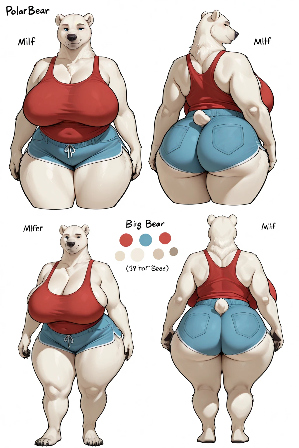 (detailed background:1.2), blank background background, (realistic fur:0.1),
nsfw, best quality, good hands, high quality, shaded, nice eyes, by darkgem, by sindenbock, by taran fiddler, sketch, stylized, painted, by burnbuckie, by nezumi, by sindoll, lineart, ( gynomorph polar bear mature female obese chunky wide torso very wide chest built with big breasts thick thighs wide hips thick wide paw hands wide forearms broad hips broad chest broad shoulders small head:1.4),
(neck fluff, chest tuft, hips tufts, torso tuft, leg tufts:1.4)
navel, muscular thighs, navel tuft, muscular arms, very tall very thick leather belt, (reference sheet, full body, back shot, front shot:1.6), eyes wide open, (expressionless), (smile:0.4), (very big breasts, plantigrade, small feet, wide body:1.3), small head,
character reference, reference,
very large very thick crotch tuft, groin, bottomless, short small bangs, short hair one tone body, claws, stylized hands, full body, looking at viewer, (nude:1.7), (wide thick ass), (white fur:1.7), (tall:1.5),