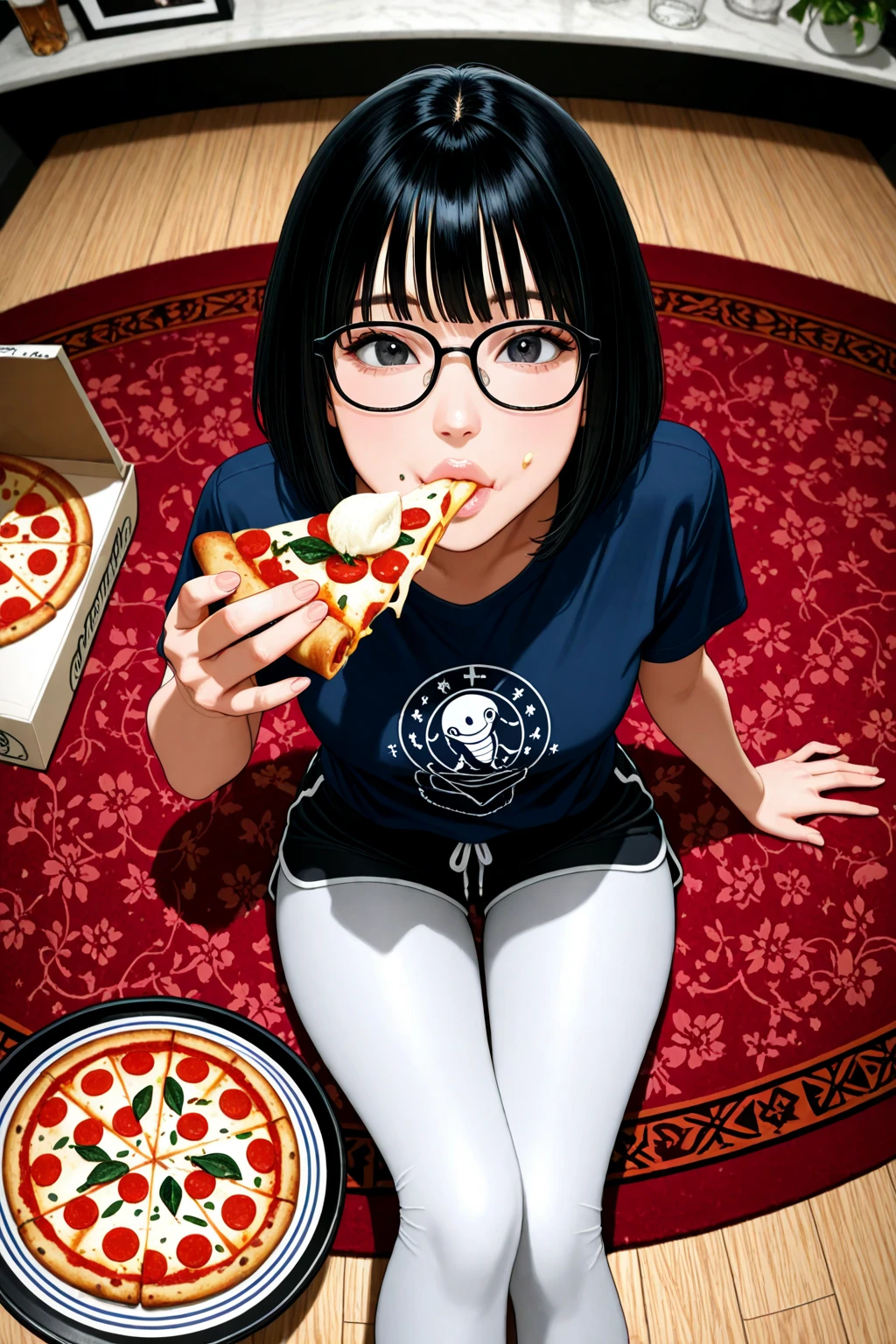 score_8_up. score_7_up, score_9, source_anime BREAK 1girl, solo,
asian girl, black hair, hime cut, bangs, medium hair, collared shirt, round glasses, huge breasts, full lips, portrait, plump lips, shiny lips, high cheekbones, sleeveless, slim body, eating pizza, slice of pizza, saliva string