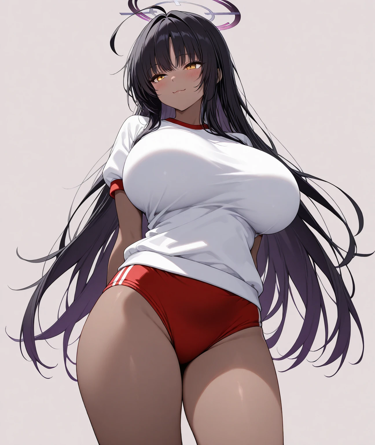A girl with Big boobs (Breast Size is M+), Big nipples (3.2 inches tall), Big Vagina, Big Ass, Juicy thighs, Golden eyes, Perfect figure, Thick body, Hot, Milky boobs, Cute, Long Red Loose Shirt, Long Loose Grey boxers