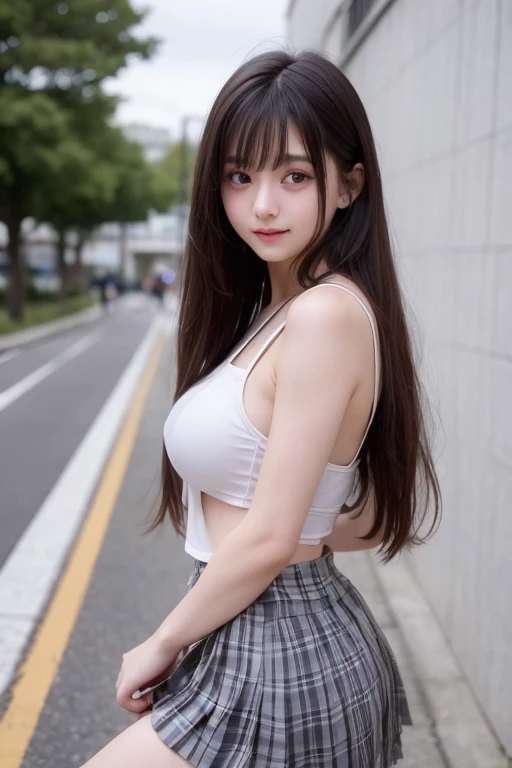 ((1lady, grey T-shirts)),((black pleated skirt)),((Standing on the road)), zoom camera in the crotch, angle from below), looking to the side, very smile, blushing, ((background new york cityscape)), distressed, reluctant, glare , NSFW, 8k, RAW photo, masterpiece, absurdity, top quality, high resolution: 1.1, ultra-detail, hyper-realistic: 1.4, realistic, photorealistic: 1.3, cinema light, film grain, closeup, full body, depth of field, eye focus, young, 85mm lens, f/1.5, Professional lighting, portrait, photon mapping, radiocity, physically based rendering, transparency, soft light, realistic face, realistic body, realistic skin, clean: 1.8, silky golden shiny blonde hair, Shiny silky straight hair, hairstyle to match the trend of Japan in 2023, Big tits: 1.2, blusher, good style, (very dark lip gloss, bright red lipstick, so many eyelashes, blue eyes, pitch black eyeshadow big tits), company, camel toe, long legs, PureErosFace_V1: 0.8, dynamic pose