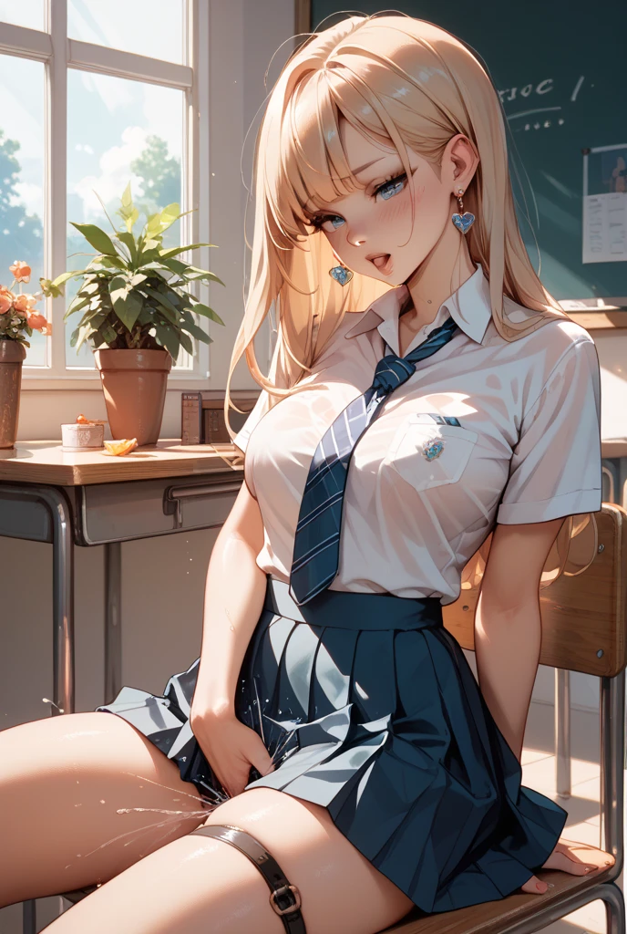 kitagawa marin,neat blouse,white blouse,tight blouse,button the blouse,in the classroom,pleated skirt,short skirt,high school girl,18 years old,blonde hair,long hair,(large breast:1.8),hide breast,((masterpiece)), (detailed), perfect face,reflective skin,white socks,spread legs,raise up legs,show panties unintentionally