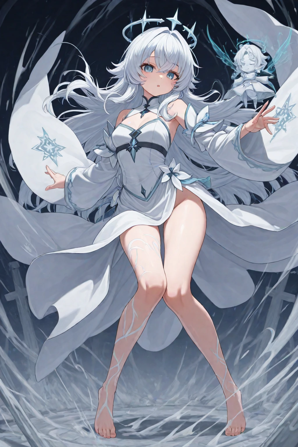(((masterpiece:1.2, best quality:1.2, beautiful, high quality, highres:1.1, aesthetic), 2:3, portrait, highly detailed, extremely detailed, ((8k, watercolor, perfect lighting), 1girl, huge breasts, athletic, fit, ((Selene Frostbane Physical: Icy white hair, piercing sapphire eyes, slender yet strong physique Lingerie: Frosty silver, delicate snowflake patterns Wizard Robe: Icy blue robe adorned with intricate frost designs Majestic Slippers: Crystal-clear with shimmering ice accents Armor: Frost-imbued armor, resembling frozen fractals Action Pose: finger frame, ing)) arms above head, PowerV2, rood-shaped eyes, red horns, detailed skin, skin blemish, Artis style: GUWEIZ