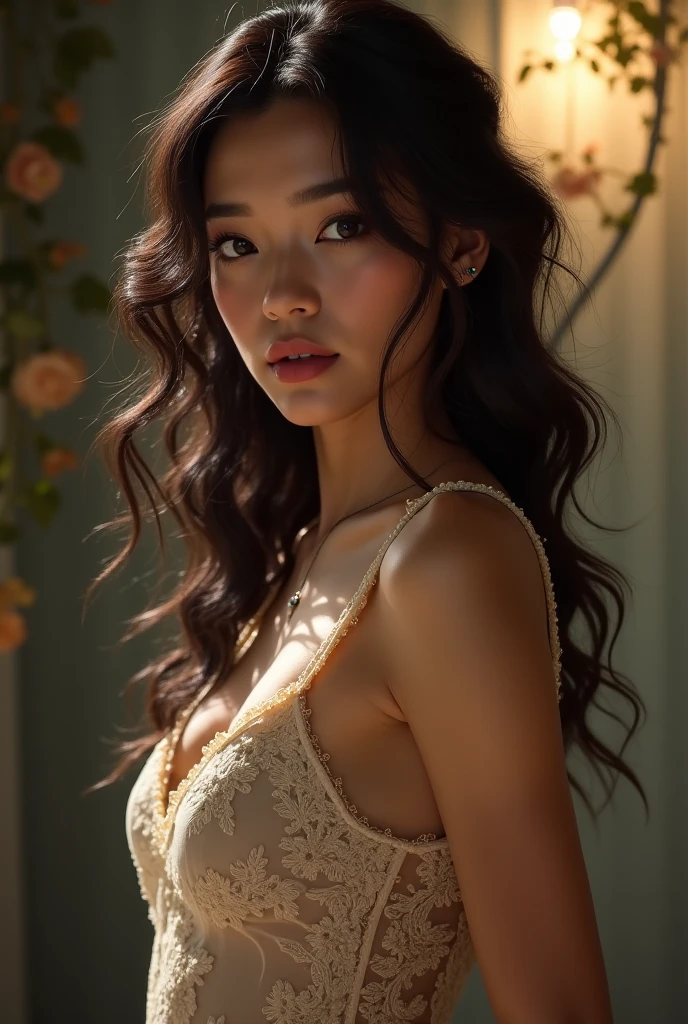(photorealism:1.2), beautiful woman, sitting on bed, with out bra (naked),pajama pants, long curly hair, indoors, soft lighting, plants in background, window with sunlight, cozy room, relaxed pose, realistic, intricate details, warm colors, by Greg Rutkowski, by Alphonse Mucha(Photorealistic:1.5),((Detailed beautiful face, detailed beautiful wide eyes)),((masterpiece,ultra high quality, ultra high resolution:1.2)),((realistic skin, very detailed details:1.2)),(unity 16K wallpaper:1.1),(HD quality,HDR),((The style of a surrealist painter, a masterpiece of ultra-realistic portraits, an epic work of a photography expert)),((nikon d750 f/1.4 55mm)),((dynamic angle,professional lighting, physically-based rendering)),((Bright colors)),((Portrait)),((Head close-up)),(outlook:1.3),blue sky,Photo pose,Movie lights,Ray tracing,Game CG,oc render reflection texture
(Beautiful and Realistic thai girl),(Sexy and attractive face, perfectly proportioned body),((big breasts,sexy,nude:1.2)),((Venus of the East)),Decorated with gems
((Thai princess:1.3)),(Gorgeous thai costumes with intricate details,Gorgeous dress,Gorgeous gold ornaments, intricate details,ornate jewelry accessories,Gorgeous fringe, intricate details,Various gemstones:1.2),((thai buddhist temple in background:1.3))