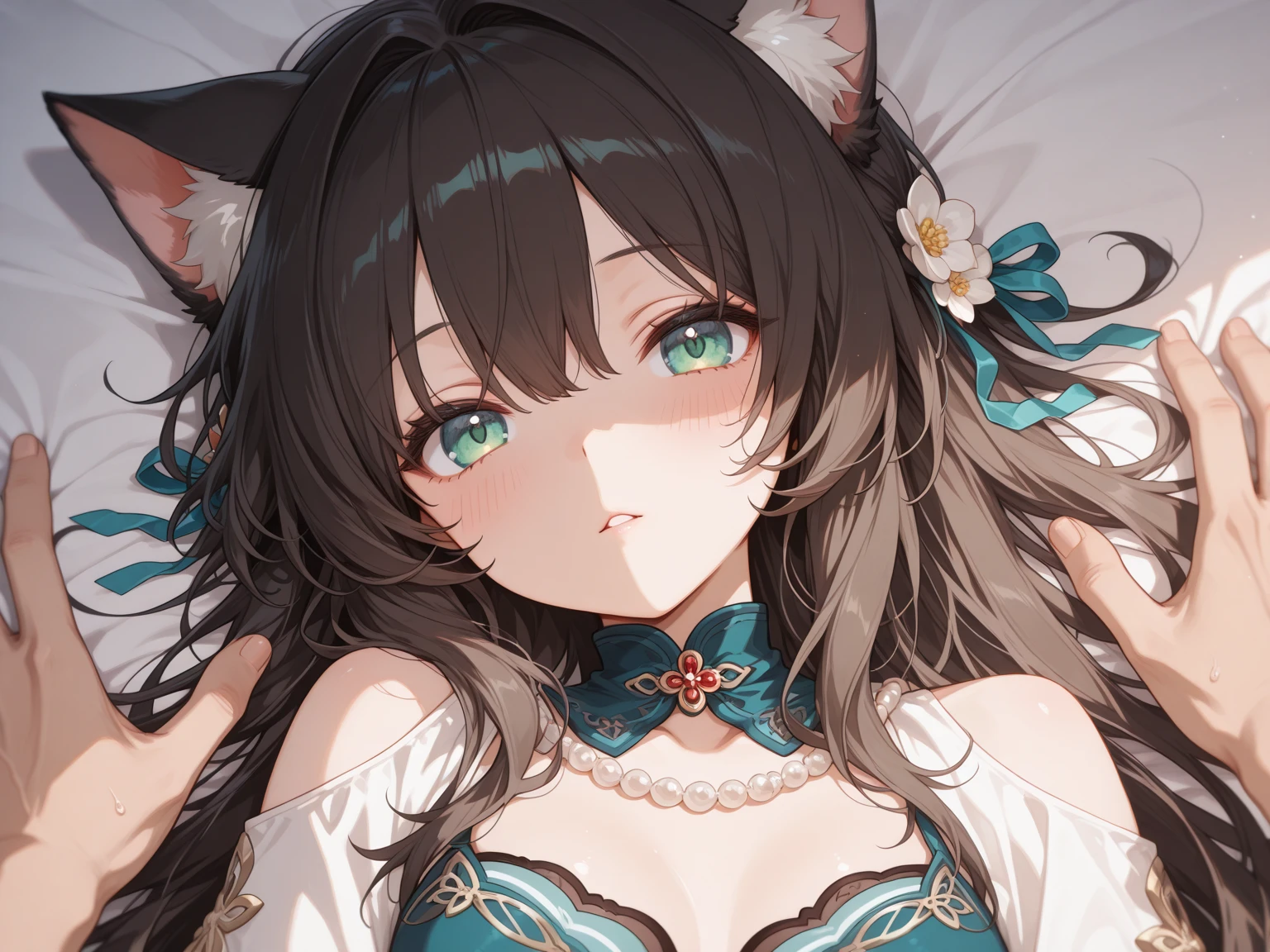 （best qualitiy： 1.3）， （杰作： 1.3）， （ultra detaile： 1.3）， （wall paper， 1girls， 独奏， L'Officiel， brown  hair， Dragon's horn， Long tail， Big wings， pony-tail， hair ornament， Green eyes， Red Eyeshadow， jewelries， Separate the sleeves， mediuml breasts， puled up dress， bangle： 1.1）， （[Diamond：1.3|The eye]：1.2）， （[opals：1.9|Gradient_Hair：1.3]：1.2）， （Hair dripping：1.25）， （Detailed hands and fingers：0.9），，TBCC illustration，（Detailed ultra-oily radiant skin：1.1），（[wet​：0.8|Slimed]），