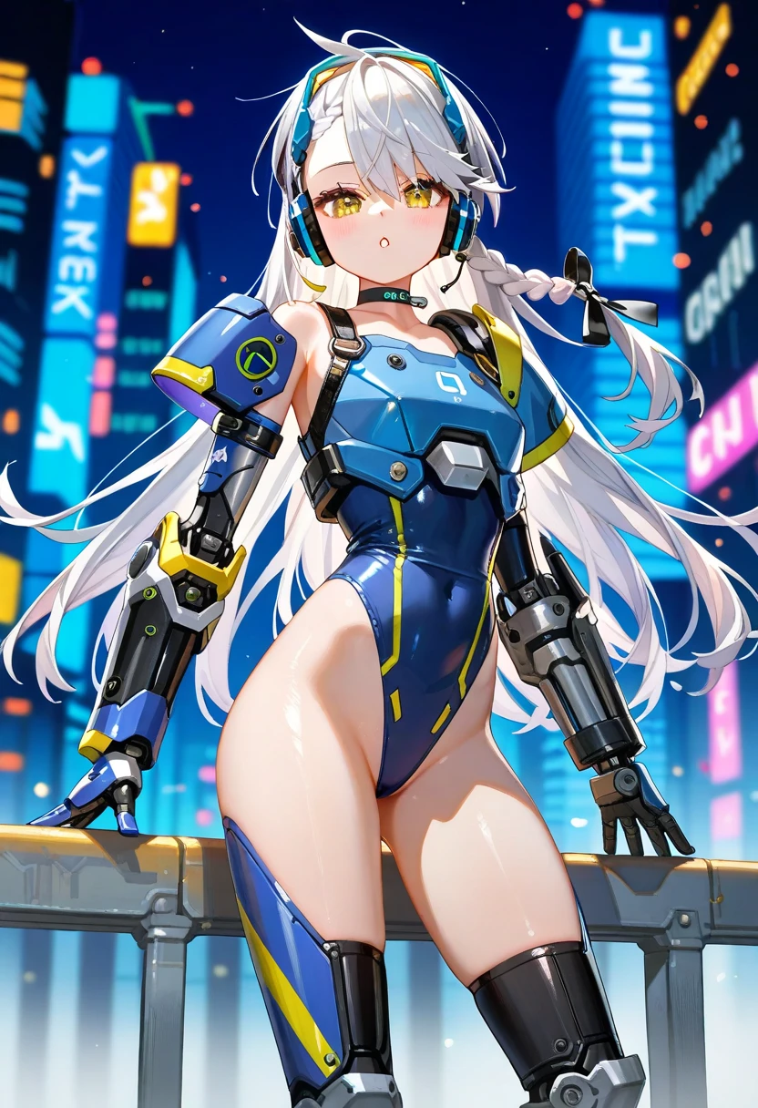 ((masterpiece:1.4、highest quality))+、(super detailed)+、
1 girl、cyberpunk city、flat chest、headphone、wavy hair、mecha clothes、(robot girl)、Cool move、Silver Bodysuit、colorful background、Wet day、(lightning effect)、Silver Dragon Armor、(cold face)、cowboy shot、pretty girl