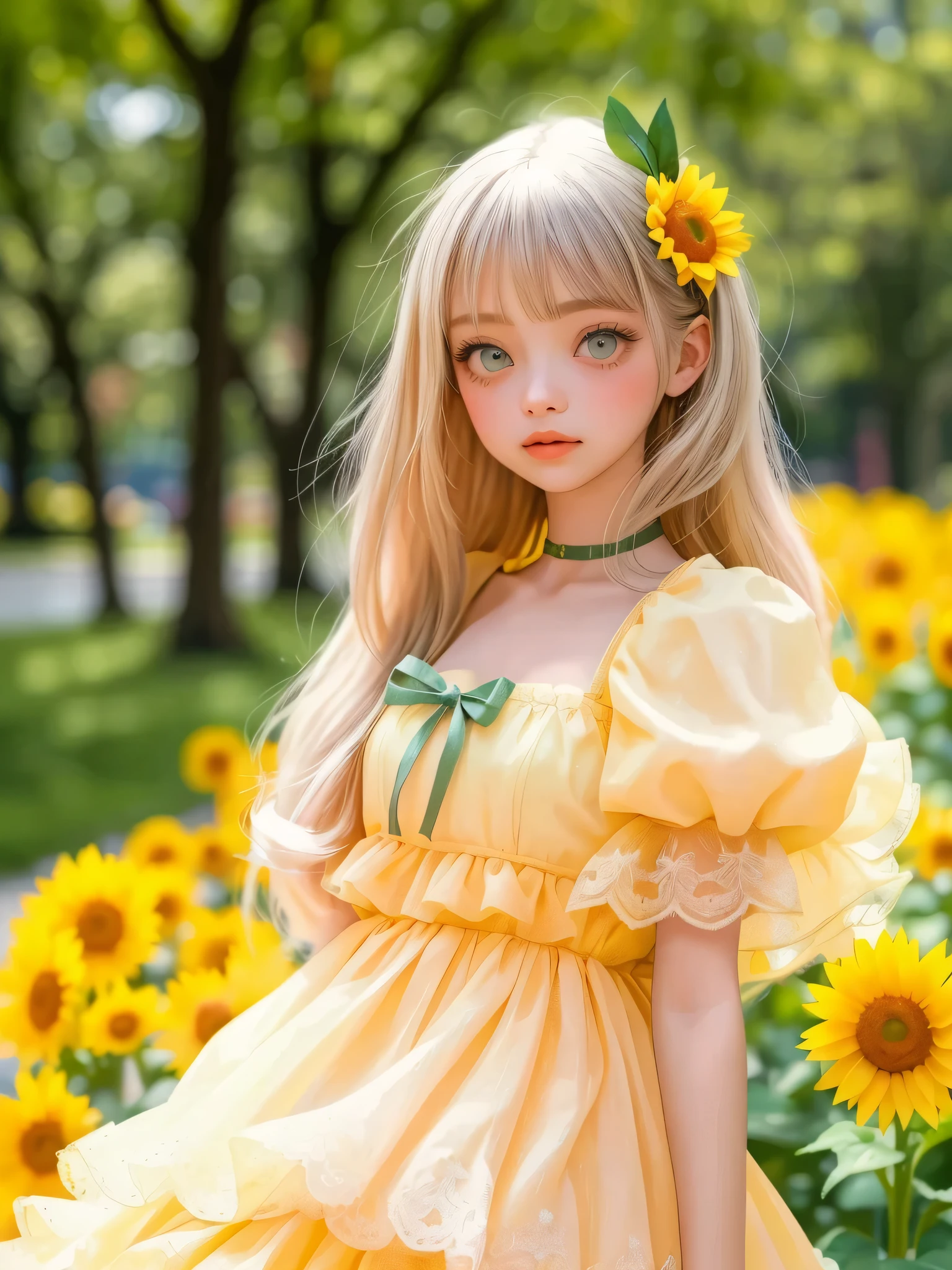 ((Highly accurate drawing across the details) Extremely accurate depiction )[high resolution],((realistic texture expression)),(Clear and precise illustrations),(Very fine and precise drawing ),(Delicate lines with slow speed)[[Beautifully color-tressed main lines]],[Midsummer Park[ lakeside]],(anime Girl (Pretty) [Age 15] plump) (light yellow hair[Curly hair]) ((Magical Girl)[Idol]),([Sunflower flower]Katyusha) (Long Cape[ Tiered Dress ](Puff Sleeves)[(race)(frills)ribbon][see-through]),Transparency[Soft ambient light[soft focus on each chest with your hands]] gravure[Colorful],(Intricate and beautiful decoration[high density details]),(Fine, and beautiful skin expression[Transparencyのあるリアルな皮膚テクスチャ]),(Beautiful eyes drawn with precision detail[Clear, large eye contours])[[深いTransparency][Sharply defined pupils](Iris like a gemstone that intricately reflects light)((Beautiful eyes clearly drawn down to the smallest detail))]),[[Eye Light]],[Long and beautiful eyelashes],[Soft looking lips[Slightly wet luster]],[[Uncluttered hairstyle]Precisely drawn hair one by one[美しく艷やかな髪のdetails]],(完璧な手のdetails[Beautiful fingers without flaws[Beautiful nails]]),[[[[Beautiful navel]リアルな臍のdetails]]],(Perfect Anatomy(Perfect, well-balanced proportions))[[full body view:0.4]],[[High level of design[The golden ratio]]][Ideal Colors Coordination(accurate simulation of the interaction of light and materials)[Beautiful and vivid color(Moderately soft contrast balance)]],([precise details](details,High precision in selection)),[[Deep color expression like thick paint(Transparency)]][Narrative visual art].