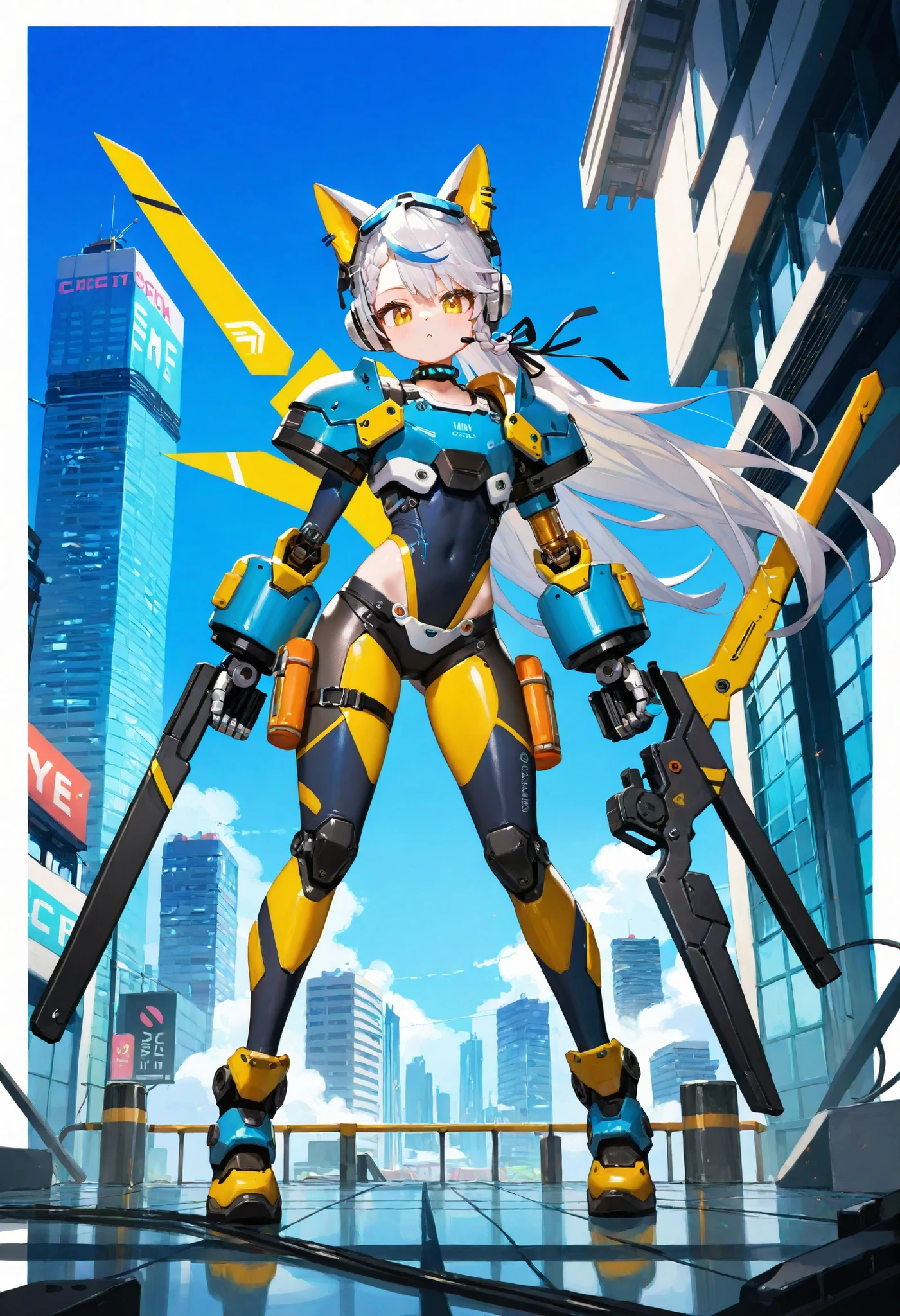 Highest Quality, Detailed depiction of the eyes, one female, younger, slender body, foxy , grayish white hair , long hair, one side braid grated , Big cat eyes, chrome yellow color eyes, cyber punk, iron blue mechanical arm guards , iron blue mechanical leg guards , Black body armor , Expose Shoulder , Expose thighs , mechanical headset, Black Ribbon Choker , neon city ,
