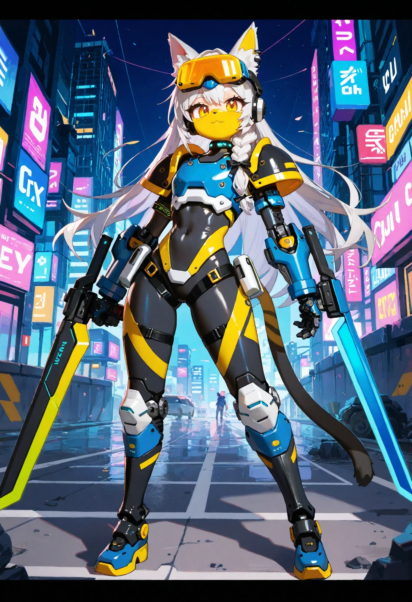 Highest Quality, Detailed depiction of the eyes, one female, younger, slender body, foxy , grayish white hair , long hair, one side braid grated , Big cat eyes, chrome yellow color eyes, cyber punk, iron blue mechanical arm guards , iron blue mechanical leg guards , Black body armor , Expose Shoulder , Expose thighs , mechanical headset, Black Ribbon Choker , neon city ,