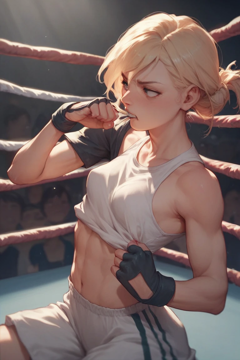 (Original), (Lounge), (Best Quality), (Masterpiece), Photographic Reality, Realistic, Very Detailed Illustrations, (1 Girl), Beautiful Eyes, (Delicate Face), Perfect Details, (Best Lighting), (Super Complex Details), (Boxing Girl), , Sweat, Heavy Breathing, (Crushing Attack), , Sports Shorts, Perfect Details, Perfect Fingers, Perfect Limbs, Impact, (Shiny Skin), Abs, Muscles, Waist Line, Boxing Shorts, Boxing, blonde hair, very short hair, 4K uniform, (ultra-fine CG: 1.2), (8K: 1.2), realistic, octane rendering, happy, smile, yellow shorts, black top