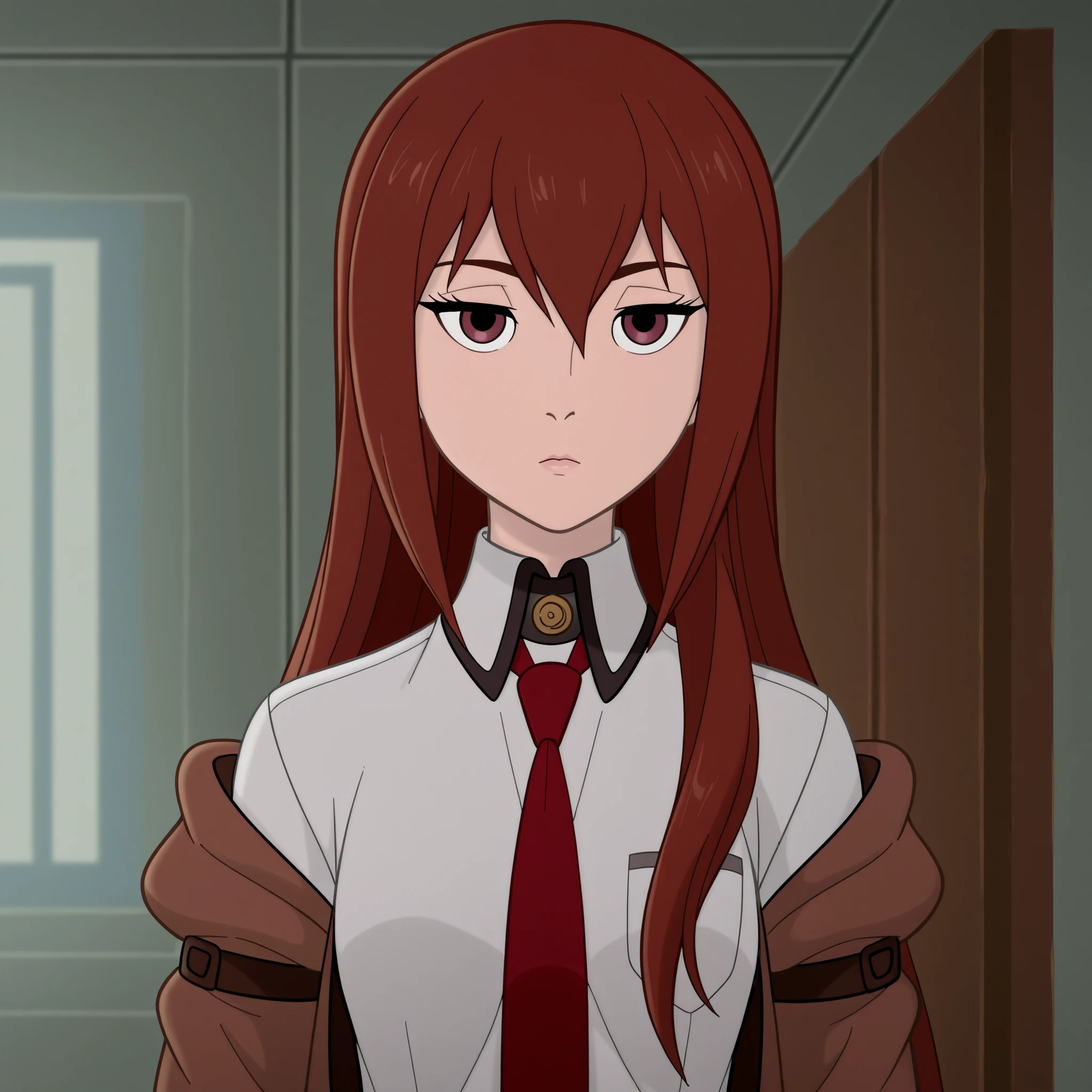 DisneyClassics,disney 1girl,solo,kurisu makise,long hair,red necktie,jacket,brown hair,collared shirt,indoors,emotionless <lora:Kurisu_Makise_-_SteinsGate.safetensors:0.8> 