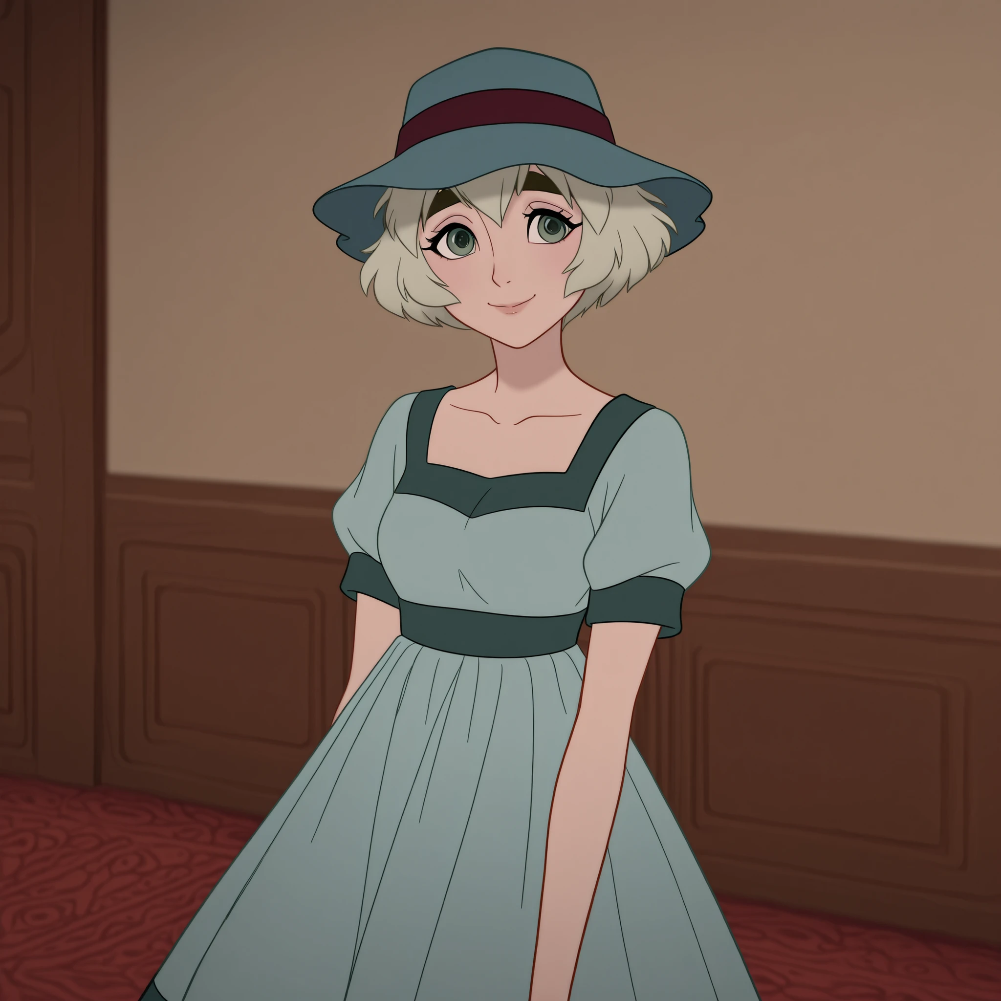 DisneyClassics,disney 1girl,solo,mayuri shiina,short hair,hat,thick eyebrows,collarbone,dress,green eyes,short sleeves,indoors,smile <lora:Mayuri_Shiina_-_SteinsGate.safetensors:0.8>