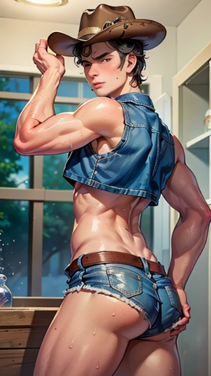 20-year-old, 1man, skinny, thin, detailed face, smug, shirtless, blonde hair, baseball hat, very low distressed denim shorts, unzipped fly, unbuttoned shorts, soft, white thong, thick thighs, ripped shorts, massive bulging swollen crotch, high white socks, dirty sneakers, HD
