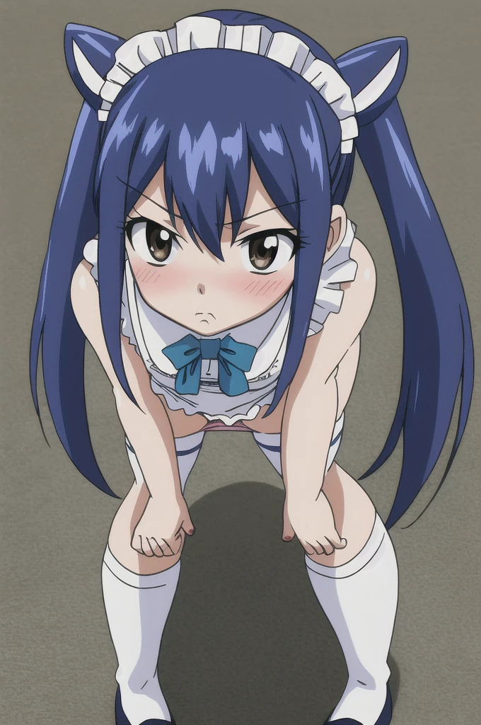 (((wendy))), fairy tail, anime art style, 1girl, solo, small_breasts, dressed, long_hair, (((looking away))), shy, (taking off panties, face closeup, panty pull, bottomless), embarrassed, maid outfit, hair_ornament, blushing, hair_between_eyes, twintails, brown_eyes, ((dark_blue_hair)), parody, style_parody, anime_coloring, short female, petite female, thick thighs, loli, maid headwear, thick thighs, thigh highs, bowtie on panties, bending over, facing viewer, standing, (pov)