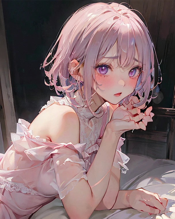 Cute design panties and bras、bathroom、One girl、Pink Hair、Side Ponytail、sitting flat on the floor、⦅Covering his crotch with both hands、soft bust、big、Seiza position、Legs open、Blushing、She is looking up at me with an innocent expression.⦆Accurately capturing the structure of the human body、Delicate depiction、anime