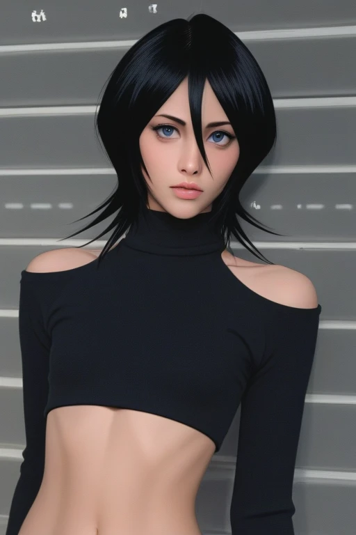 (best quality), 1boy, male, pale skin, black hair, short hair, tousled hair, messy bangs, bangs over eyes, blue eyes, perfect eyes, dark circles under eyes, lanky body, boyish, strong jawline, frown, attractive, goth boy, long sleeved black crop top, masculine body, black nails, black earstuds, masterpiece, anatomically correct, highres