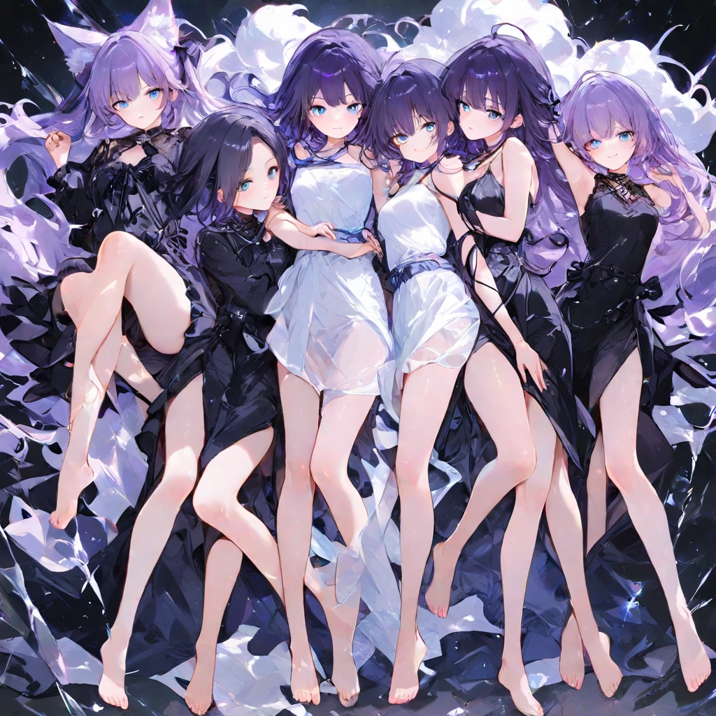 Busty woman wearing white lace lingerie , long legs , shiny body , wet body , two women , long hair , different hair colors , different skin colors , penis dripping with semen , uterus tattoo , vulva