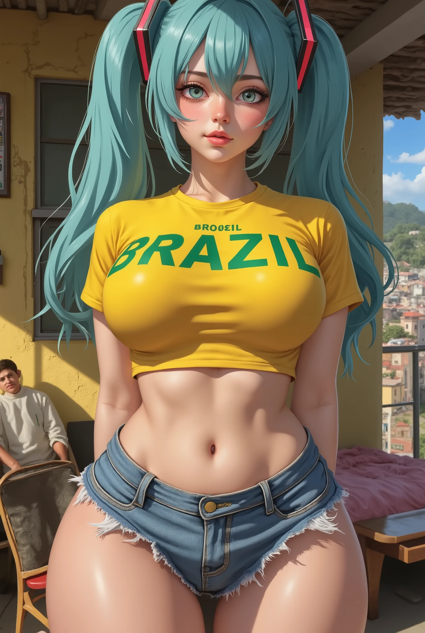 Hatsune Miku big breasts and sexy athletic body thick thighs hair and bangs Maria Chiquinha blue hair. A yellow t-shirt from Brazil written in green and denim shorts in contrast with the setting of a favela