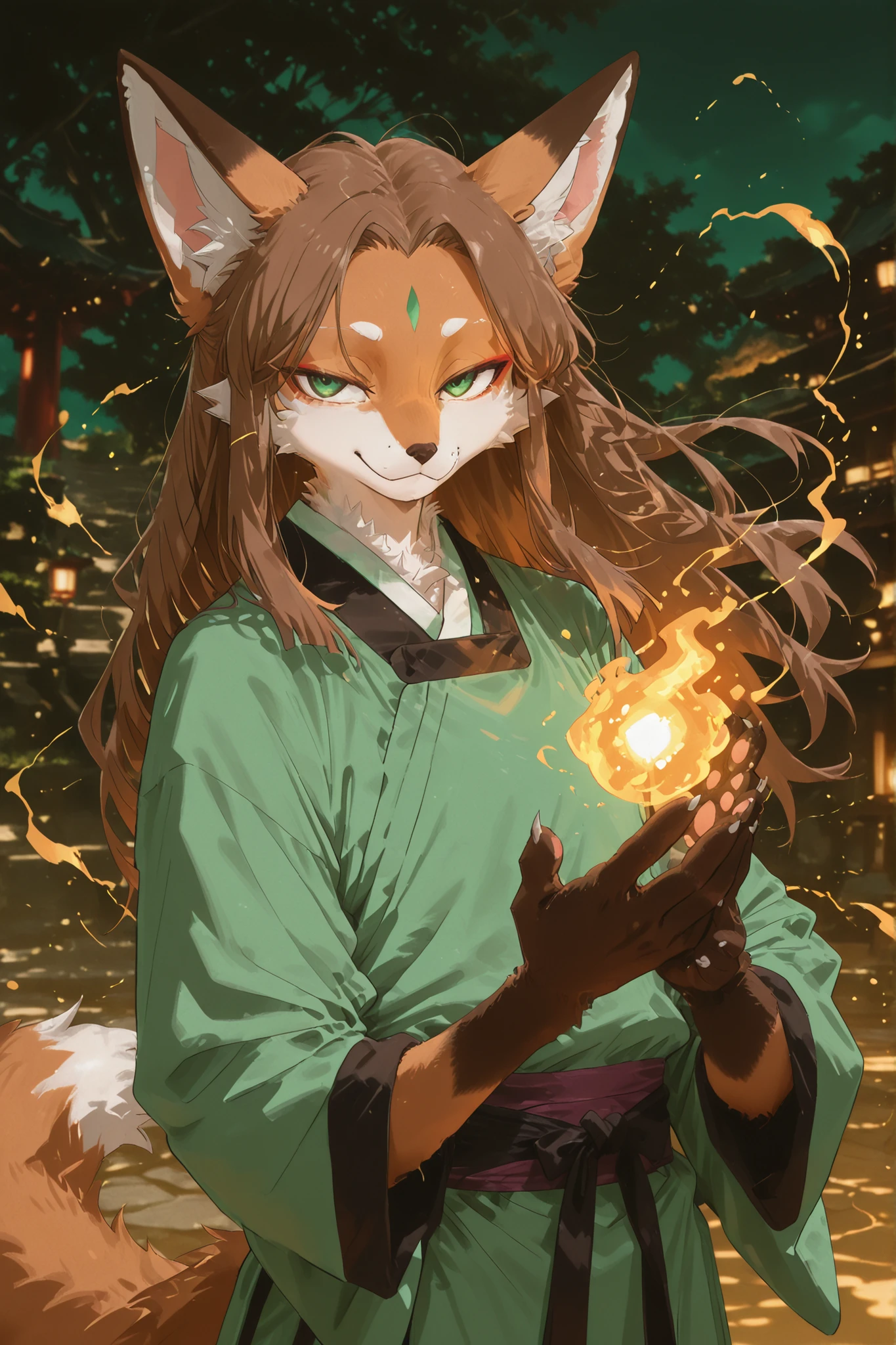 Kemono,Kemono style, male fox character with long brown fur and long brown hair, wearing traditional Chinese Hanfu green . He has green eyes and a calm, noble expression. The illustration should emphasize the elegant and mystical atmosphere, detailed fur texture, and graceful Kemono aesthetics.