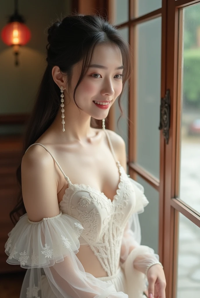 Beautiful 25 year old woman。She is wearing a summer wedding dress. She is smiling on illuminated by the evening church lights . romantic sunset. her dark brown hair. High resolution、masterpiece、highest quality、頭w:1.0、((Hasselblad Photos))、fine skin、(movie lighting)、clavicle . full body picture.