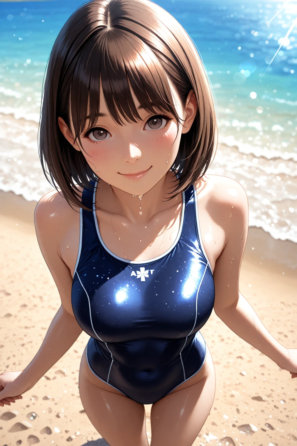 highest quality、Realistic、girl、Japanese、zoom、cute、Gray Eyes、Chestnut Hair、short hair、One piece swimsuit、Ocean、smile、