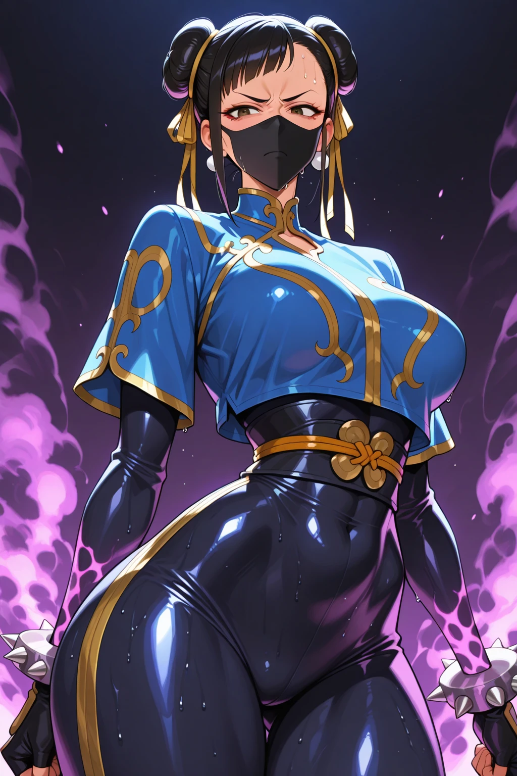 trading card of Kitana MK3, big breast, fight pose, with mask, brown skin