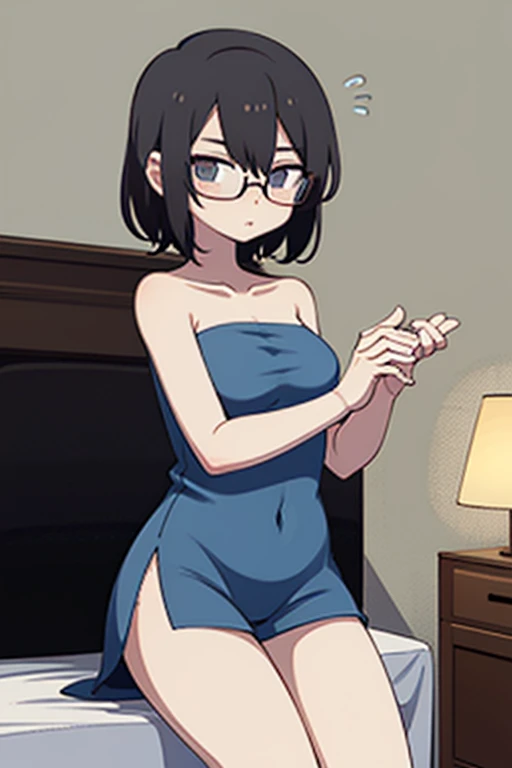 (Purple hair:1.4), gray eyes, 11 years old, short, short long hair, kind expression, shy, almost no breasts, slightly exposed. hair,(flipped hair ), flipped hair, ahoge, girl alone, flipped hair, flipped hair, flipped hair, flipped hair, glasses with no edges, embarrassed, flat chest,,bed,bed, (bottomless:1.4),flat chest,pussy are visible, Sheer Dress