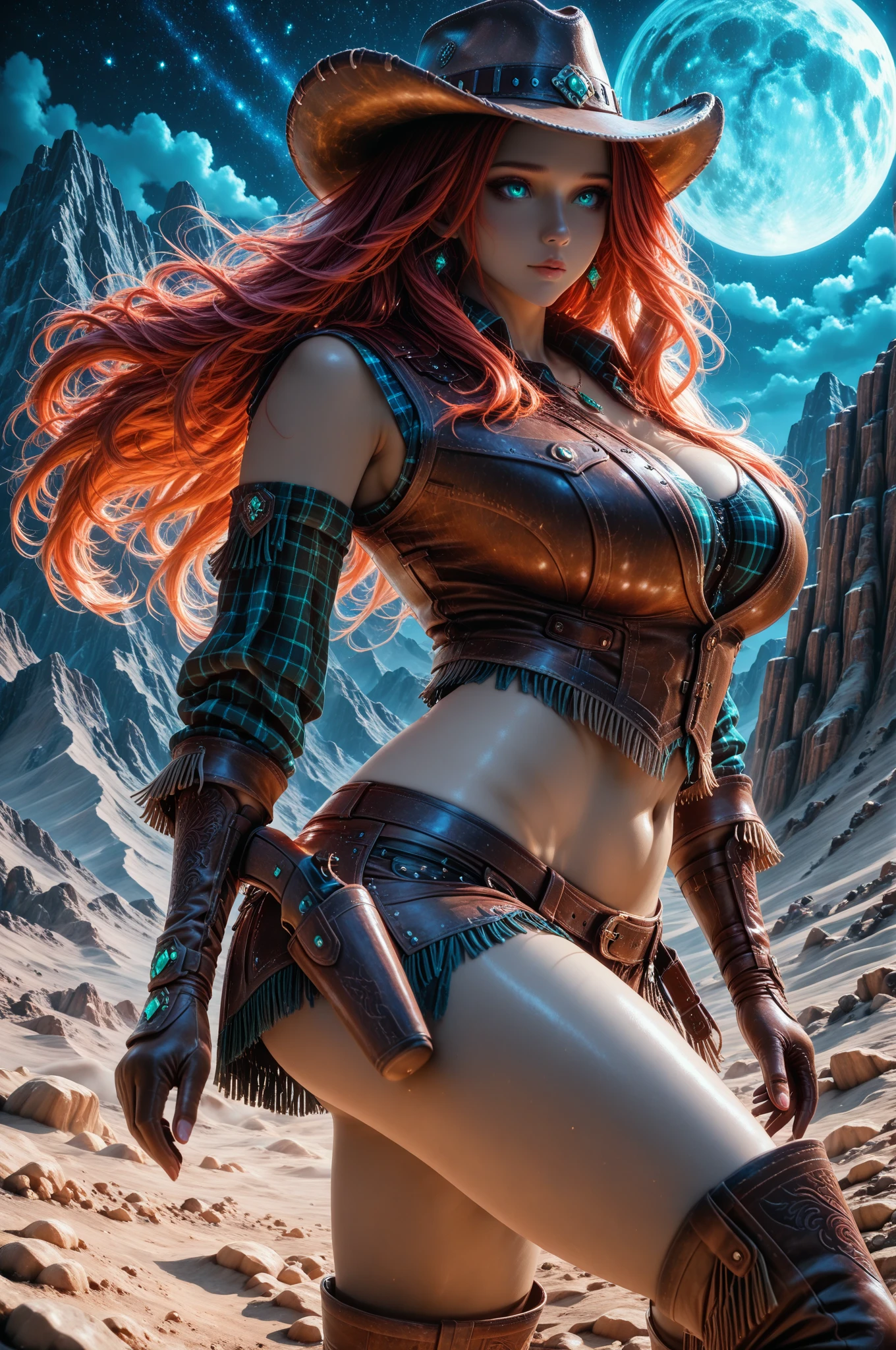 stylish portrait of red haired pretty hippies female, pretty face, pretty features, , 1970s, no bra, jeans, alluring, typical 1970s american girl, splash art, detailed, royo, giger, thunderstorm