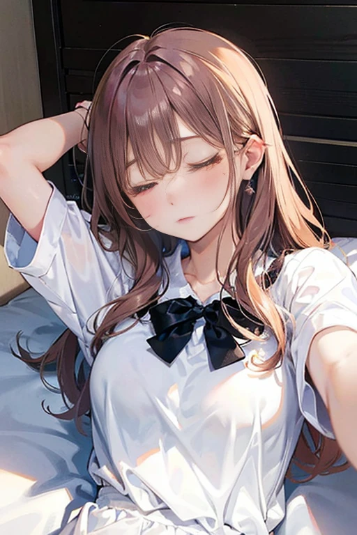 (8k、Best image quality、Highest quality、masterpiece)、Detailed face、Detailed Background, Improve、A beautiful woman, Light brown hair, Long Wavy Hair, Blunt Bang, big , big Ass, White sleeveless blouse with collar, Brown belt,White ultra mini skirt, Watch on wrist,Fold your hands in front of your body, Looking down, (A tense look:1.5), (blush:1.4), Bedroom, Sit on the edge of the bed, Dim lighting, Look with your right hand, from the front, whole body