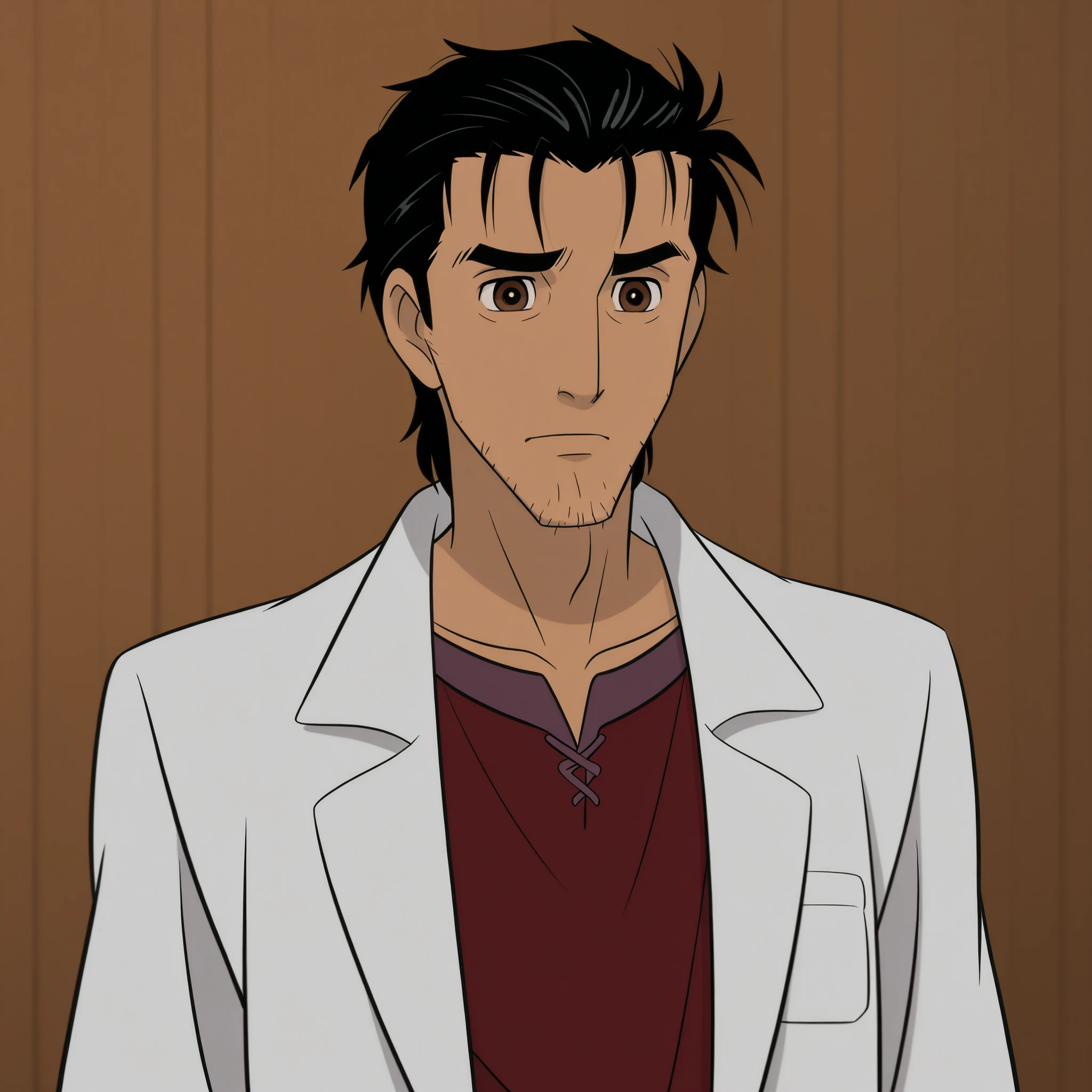 DisneyClassics,disney <lora:okabe_rintarou:1> okabe rintarou 1boy, black hair, brown eyes, facial hair, labcoat, male focus, okabe rintarou