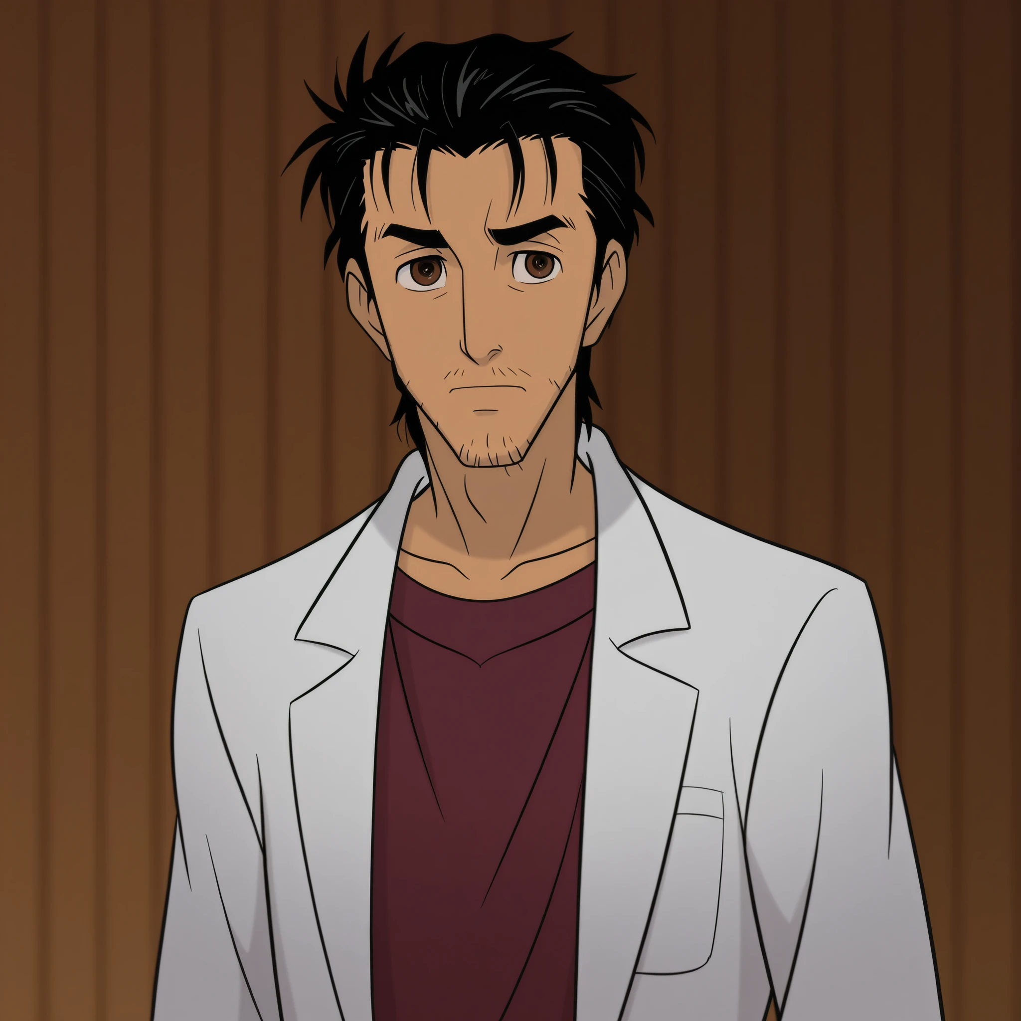 DisneyClassics,disney <lora:okabe_rintarou:1> okabe rintarou 1boy, black hair, brown eyes, facial hair, labcoat, male focus, okabe rintarou