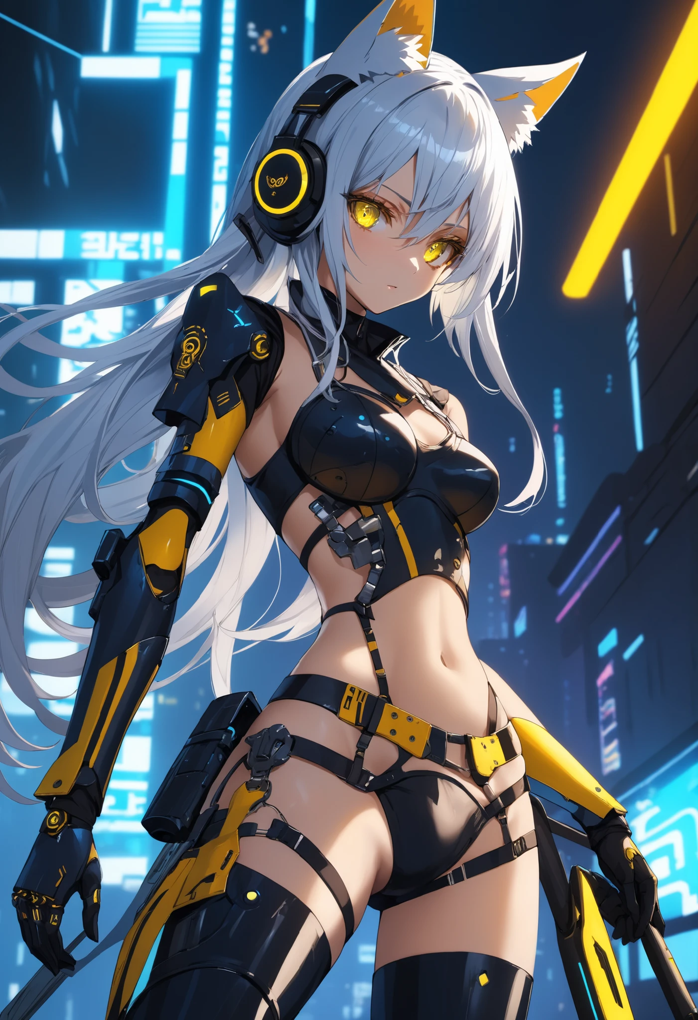 Highest Quality, Detailed depiction of the eyes, one female, youth, slender body, foxy , grayish white hair , long hair, one side braid grated , Big cat eyes, chrome yellow color eyes, cyber punk, iron blue mechanical arm guards , iron blue mechanical leg guards , Black body armor , Expose Shoulder , Expose thighs , mechanical headset, Black Ribbon Choker , neon city ,