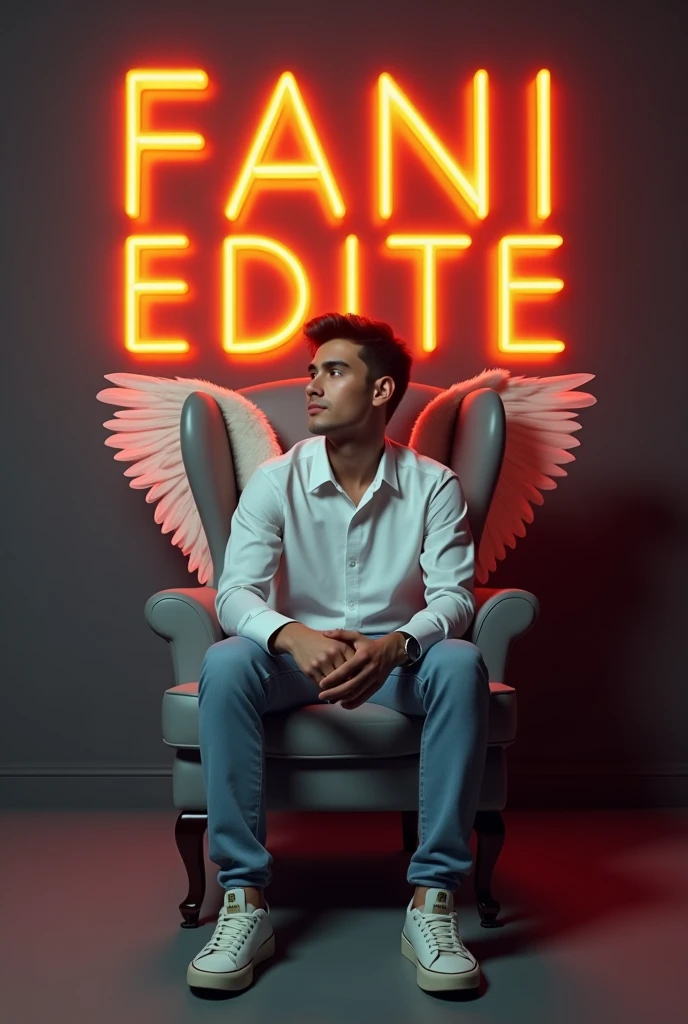 Create a 3d illusion a profile picture where a 20 years old cute body bilder boy in a bike wearing sneakers he looks ahead the background features he looks ahead the background features Mian Adil in big and capital red neon light fonts on the dark grey wall therw should not be his shadow and there are wings to make it appear