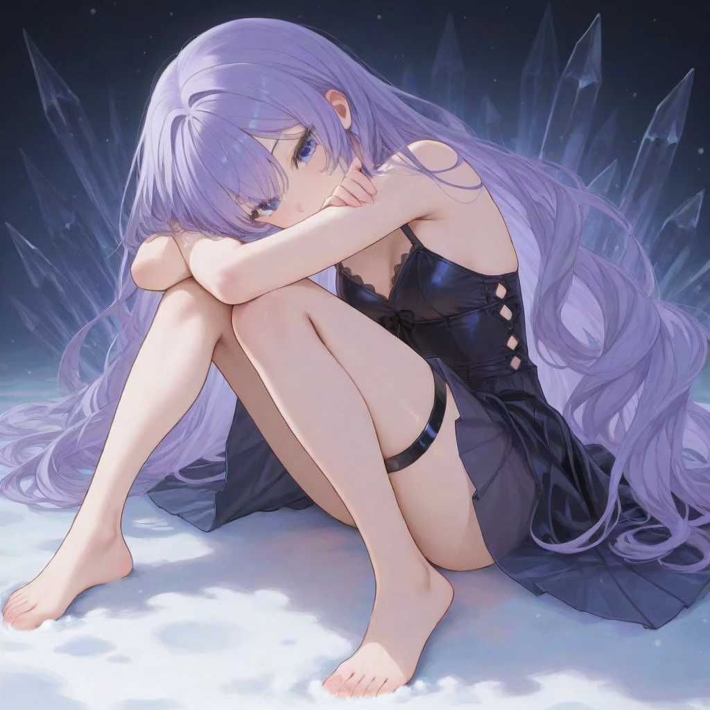 anime girl on back, Dakimakura, fantasy art, grayscale phtoto in Floors strewn with amethyst, glowing gemstones, Marble floor, beautiful anime art style, high quality anime art, high quality anime artstyle, at pixiv,