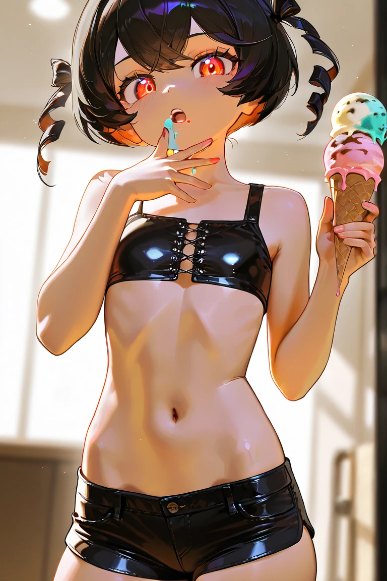 mavis dracula, ((short black hair, bangs, glowing blue eyes, makeup, narrow waist, skinny, medium breasts, striped thighhighs)), pelvic curtain, ((black panties, black bra)), full body, perfect body, (insanely detailed, beautiful detailed face, masterpiece, best quality) , (((solo))), (((1girl))), (((mature))), (extremely detailed 8k paper CG wall unit: 1.1), (cemitery, garden, night, night, bats on sky, castle), (smile evil face for the viewer), , ice cream, holding ice cream, mouth open, tongue out, licking