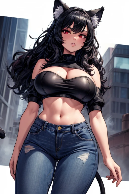 1girl, beautiful detailed black eyes, beautiful detailed lips, extremely detailed face and eyes, big hair, black hair, caulifla, spiky hair, large breasts, cleavage, slender thighs, thin waist, exposed naval, black leggings, black choker, standing, sports bra, outdoors, masterpiece, 8k, ultra-detailed, vivid colors, studio lighting