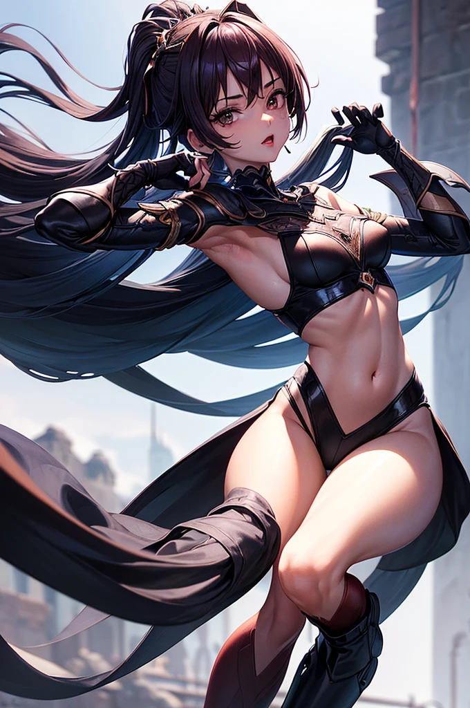 8k,tmasterpiece,melhor qualidade de imagens, tmasterpiece, ultrahigh-resolution, (Fidelidade:1.4)Garota,olhos de cor azul,olhos com fogo,beautiful face,Olhos bonitos,Segurando uma katana vermelha escura(The blade carries a roaring flame),(translucent body,Reflexo da pele),(((master part))), (((melhor qualidade))), ((ultra-detalhado)), (illustration), (luz detalhada), ((um extremamente delicado e bonito)),The surface of the skin is smooth, (highdetailskin:1.2),Proper body proportion、Anatomia Perfeita,Intricate tights、Espartilho de seios grandes、terno apertado,(clothes translucent)20 anos de idade,The rear mech is ready,There are a lot of blue flames around the figure