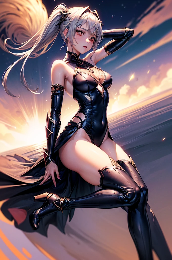 Masterpiece, top quality, high detailed, detailed face, bright eyes, outdoors, blur background, dynamic poses, dynamic angle, from front,standing, (huge breasts), drk1