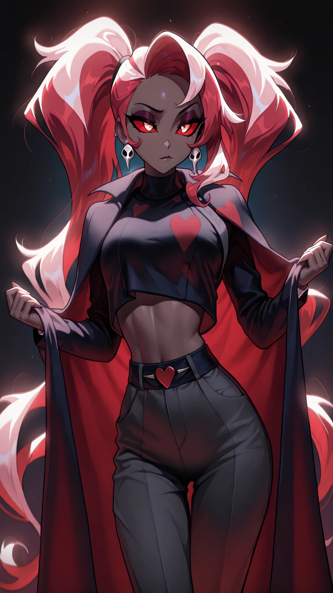 Hearts,Crop Top,Multicolored Hair,Striped,Red Hair,Pink Hair,Cape,Eyeshadow,Midriff,Colored Sclera,Twintails,Earrings,Velvette,Long Hair,Dark Skin,Colored Skin,dark background,backlighting,(masterpiece, detailed:1.2), office lady attire, fitted formal pants, slim, sexy, model