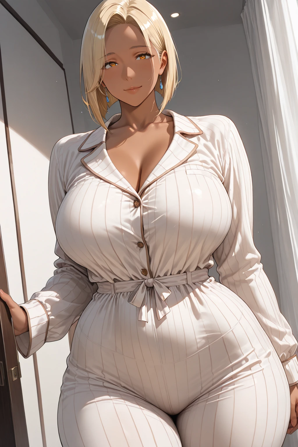 A mature woman, wearing a black nun dress, blonde hair, blue eyes, smooth legs, huge chest, plump hips, lipstick, eye shadow.