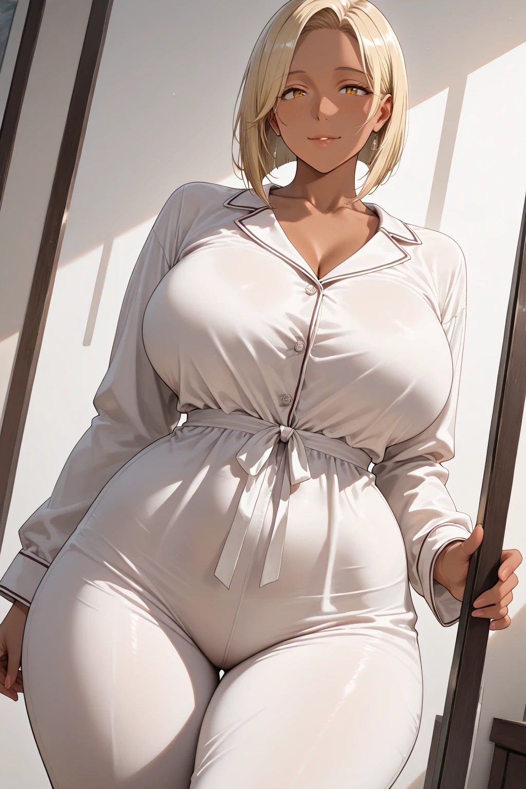((masterpiece, best quality:1.3)), ultra detailed, 8k unity wallpapers, CG, ray tracing, illustration, colorful, cinematic shadow, extremely detailed and beautiful background,extremely detailed and beautiful eye,vhd, shadering VRay,RT, 1milf,((milf face:1.3)), (Mature body:1.4), (dark skin), ((blond hair)) , blue eyes, (huge breasts:1.6),(thick thighs:1.5), (wide waist:1.7),(chubby belly:1.0), ((big ass)), (white naked bathrobe:1.3), (cleavage:1.3), (arms at side:1.3), (undressing:1.3), (partially naked:1.3), bare legs, ,standing , looking at viewer, facing the viewer,full-face blush,standing in front , cowboy shot, bed,glowing, glowing light, ultra detailed, scenic, atmospheric
