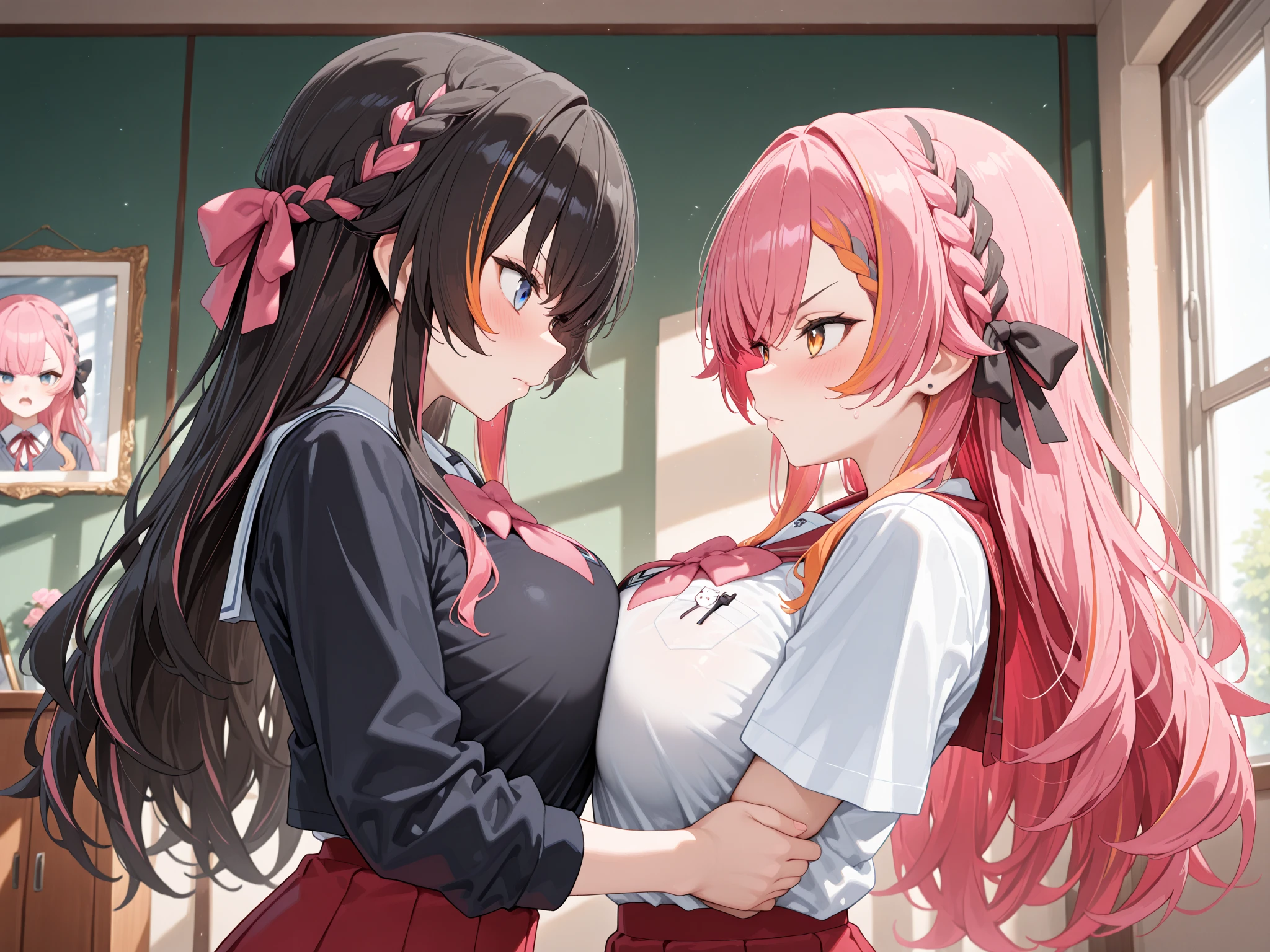 (1) There are women, She lifted her skirt to show me her shorts. She is wearing black lace panties.
(2) That woman is a nurse, She is wearing a pink nurse's uniform with a long skirt., Nurse hat, Socks and nurse shoes, Short black hair.
(3) her expression is seductive、A fearless smile on his face。.