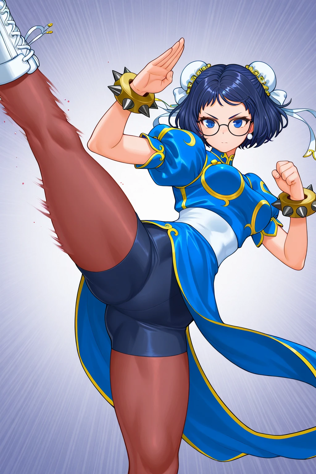 A chubby girl with glasses and black hair and freckles dressed as Chun-Li wearing white boots in her room, crying and screaming as she flashes her panties